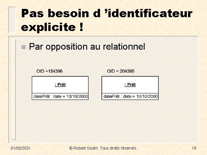 Pas besoin d ’identificateur explicite ! n Par opposition au relationnel 01/03/2021 © Robert