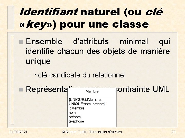 Identifiant naturel (ou clé «key» ) pour une classe n Ensemble d'attributs minimal qui