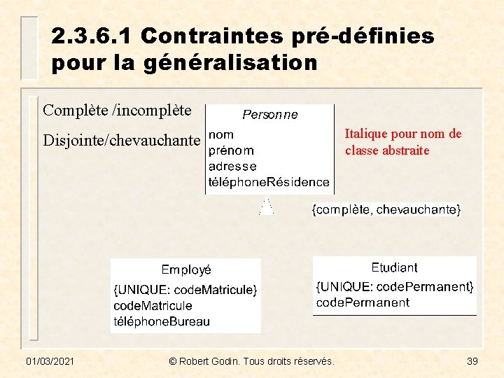 2. 3. 6. 1 Contraintes pré-définies pour la généralisation Complète /incomplète Disjointe/chevauchante 01/03/2021 ©