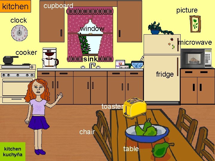 kitchen cupboard picture clock window microwave cooker sink fridge toaster chair kitchen kuchyňa table kitchen cupboard picture clock window microwave cooker sink fridge toaster chair kitchen kuchyňa table