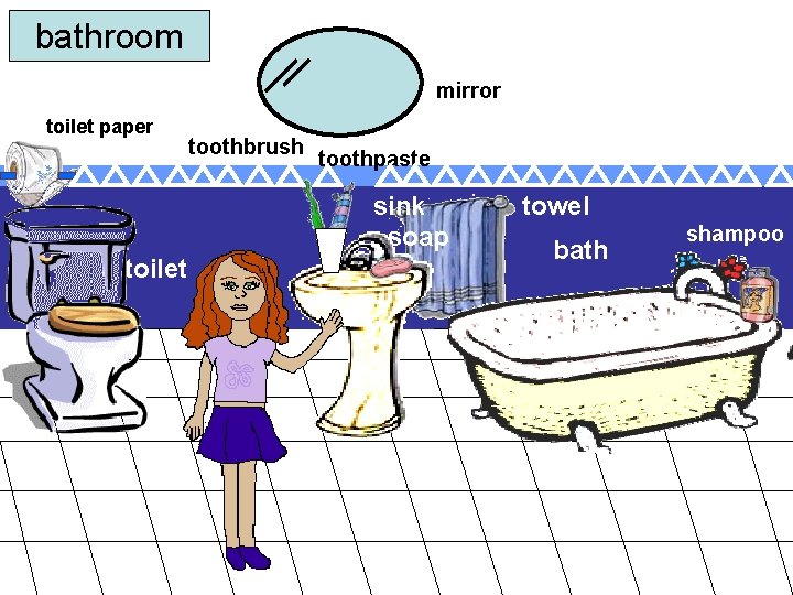 bathroom mirror toilet paper toothbrush toothpaste sink soap toilet towel bath shampoo 