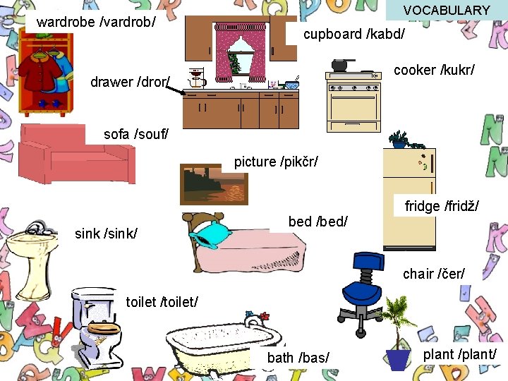 wardrobe /vardrob/ VOCABULARY cupboard /kabd/ cooker /kukr/ drawer /dror/ sofa /souf/ picture /pikčr/ fridge