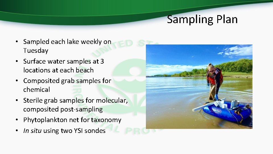 Sampling Plan • Sampled each lake weekly on Tuesday • Surface water samples at