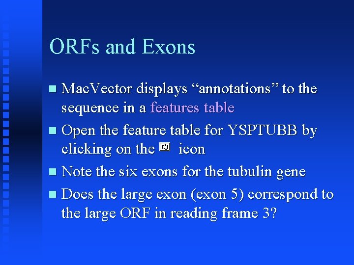 ORFs and Exons Mac. Vector displays “annotations” to the sequence in a features table