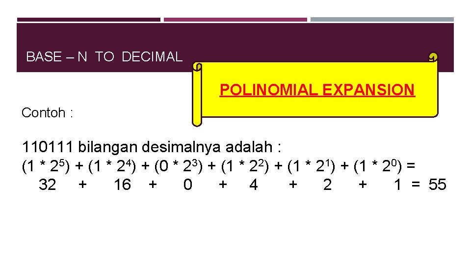 BASE – N TO DECIMAL POLINOMIAL EXPANSION Contoh : 110111 bilangan desimalnya adalah :