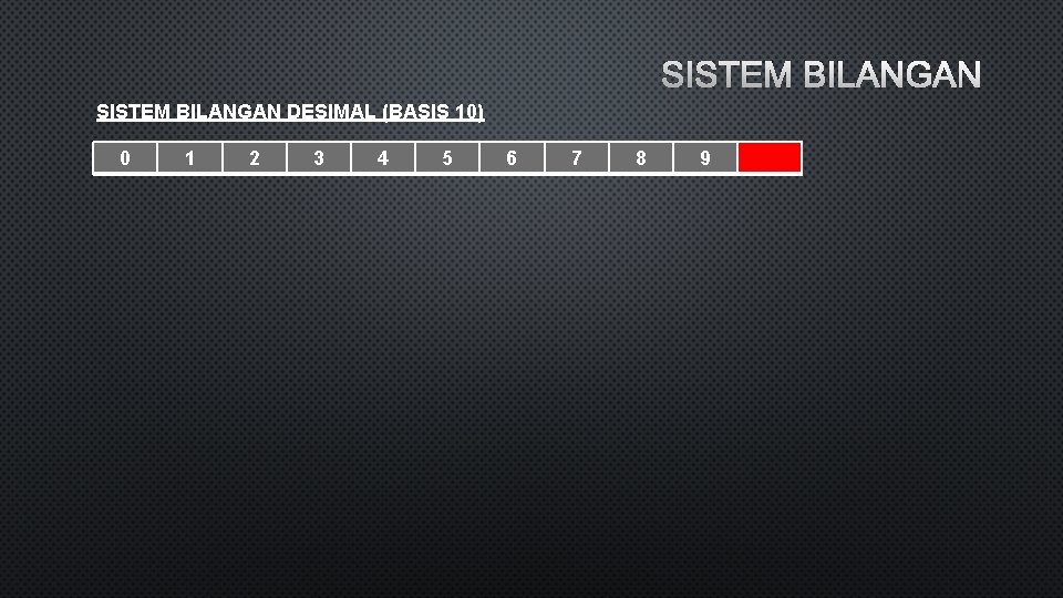 SISTEM BILANGAN DESIMAL (BASIS 10) 0 1 2 3 4 5 6 7 8