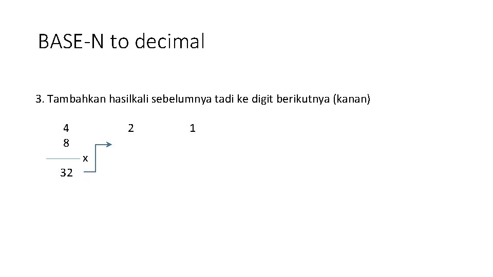 BASE-N to decimal 3. Tambahkan hasilkali sebelumnya tadi ke digit berikutnya (kanan) 4 8