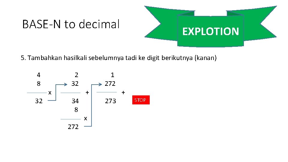 BASE-N to decimal EXPLOTION 5. Tambahkan hasilkali sebelumnya tadi ke digit berikutnya (kanan) 4