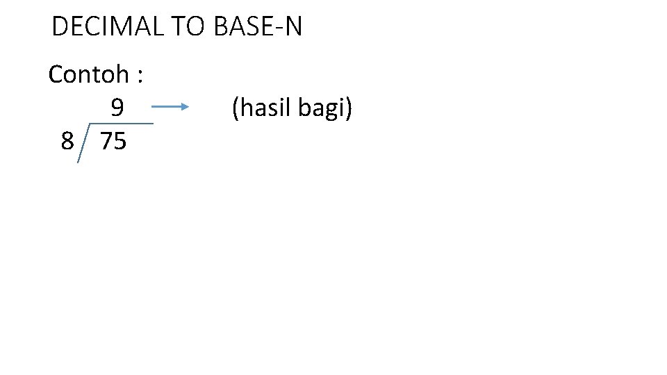 DECIMAL TO BASE-N Contoh : 9 8 75 (hasil bagi) 