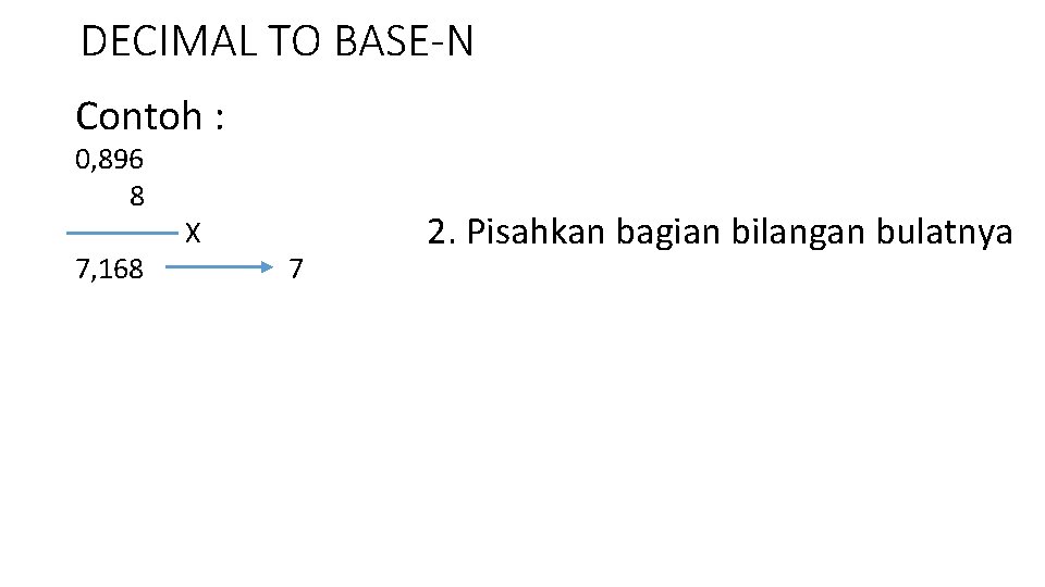 DECIMAL TO BASE-N Contoh : 0, 896 8 7, 168 X 7 2. Pisahkan