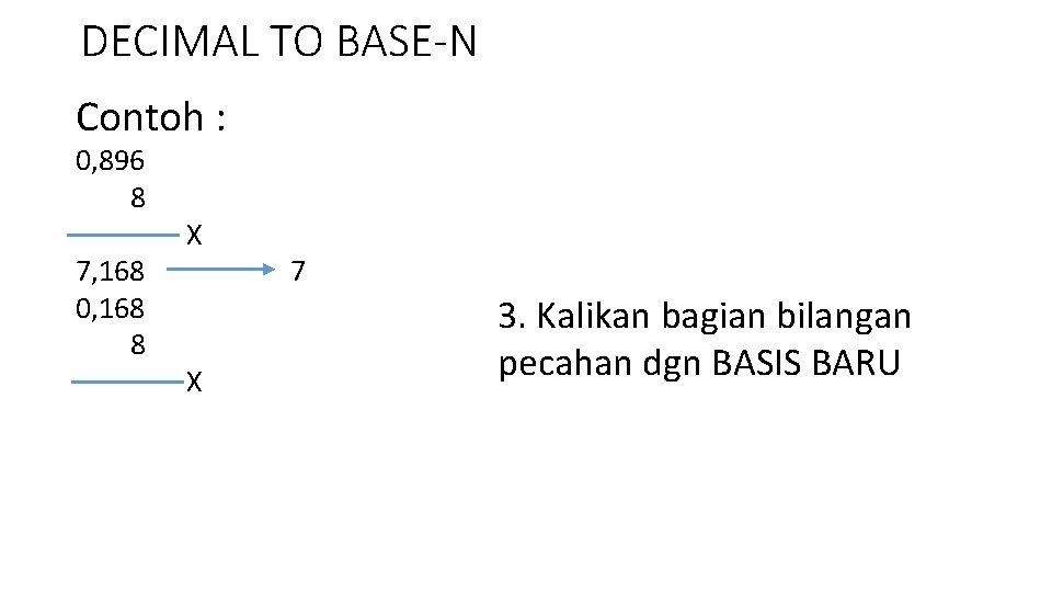 DECIMAL TO BASE-N Contoh : 0, 896 8 7, 168 0, 168 8 X