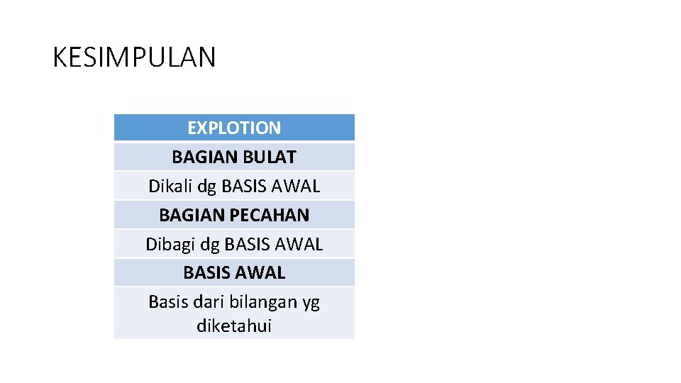 KESIMPULAN EXPLOTION BAGIAN BULAT Dikali dg BASIS AWAL BAGIAN PECAHAN Dibagi dg BASIS AWAL