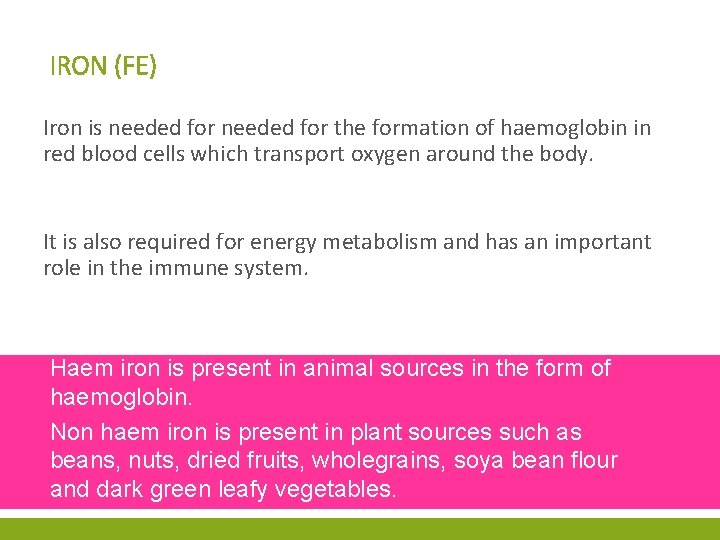 IRON (FE) Iron is needed for the formation of haemoglobin in red blood cells