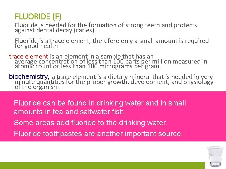 FLUORIDE (F) Fluoride is needed for the formation of strong teeth and protects against