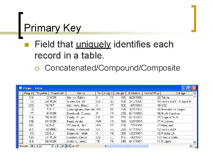 Primary Key n Field that uniquely identifies each record in a table. ¡ Concatenated/Compound/Composite