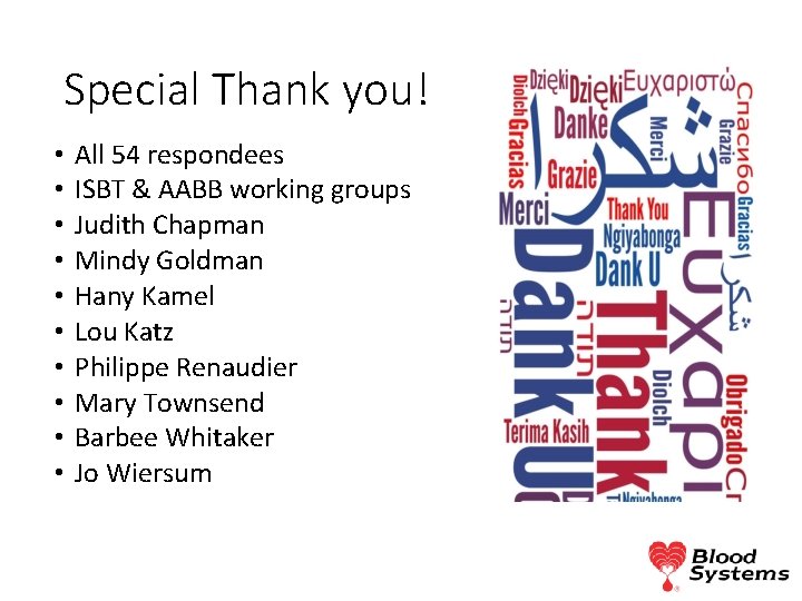 Special Thank you! • • • All 54 respondees ISBT & AABB working groups