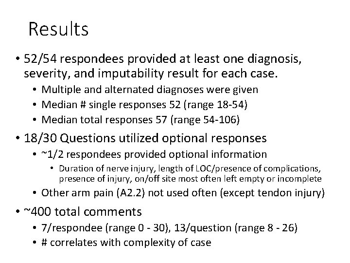 Results • 52/54 respondees provided at least one diagnosis, severity, and imputability result for