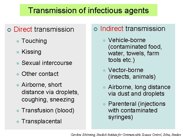 Transmission of infectious agents ¢ Direct transmission l Touching l Kissing l Sexual intercourse