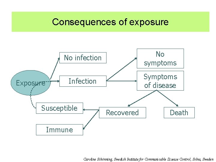 Consequences of exposure Exposure No infection No symptoms Infection Symptoms of disease Susceptible Recovered