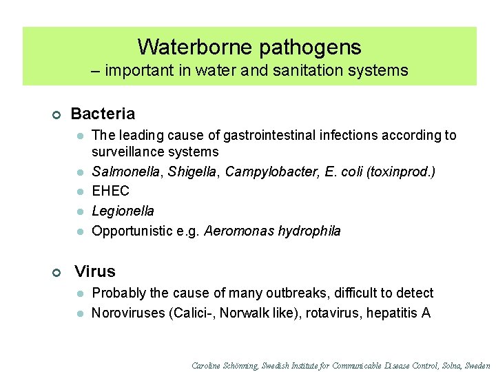 Waterborne pathogens – important in water and sanitation systems ¢ Bacteria l l l