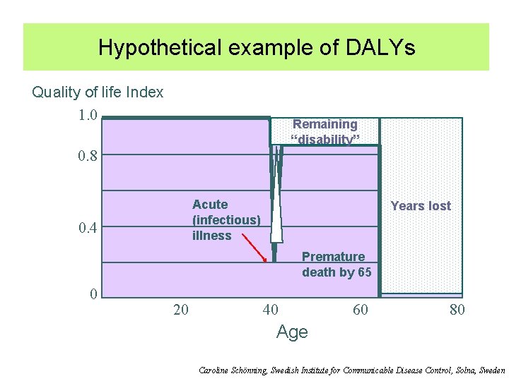 Hypothetical example of DALYs Quality of life Index 1. 0 Remaining “disability” 0. 8