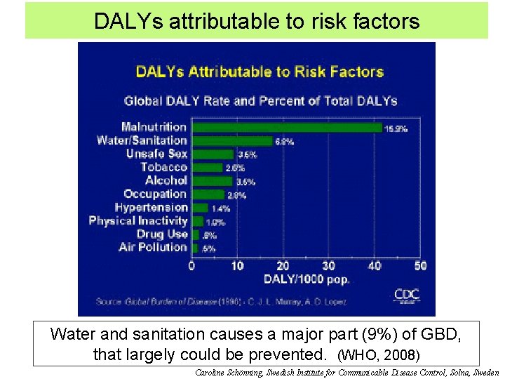 DALYs attributable to risk factors Water and sanitation causes a major part (9%) of