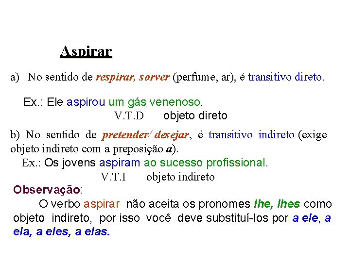 Aspirar a) No sentido de respirar, sorver (perfume, ar), é transitivo direto. Ex. :