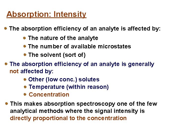 Absorption: Intensity The absorption efficiency of an analyte is affected by: The nature of