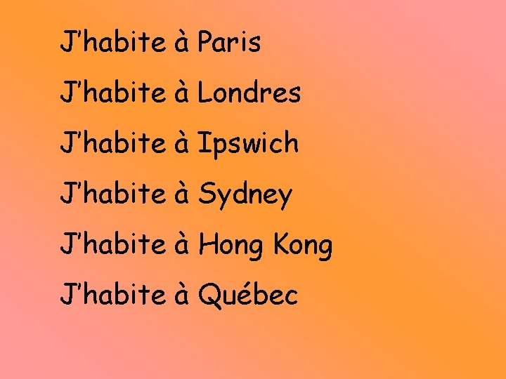 J’habite à Paris J’habite à Londres J’habite à Ipswich J’habite à Sydney J’habite à