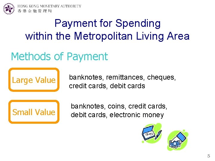Payment for Spending within the Metropolitan Living Area Methods of Payment Large Value banknotes,