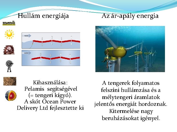 menü Hullám energiája Kihasználása: Pelamis segítségével (= tengeri kígyó). A skót Ocean Power Delivery