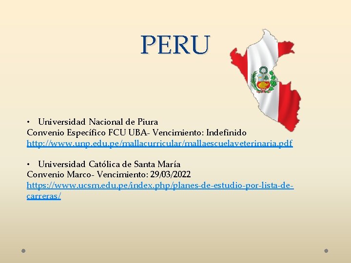 PERU • Universidad Nacional de Piura Convenio Específico FCU UBA- Vencimiento: Indefinido http: //www.
