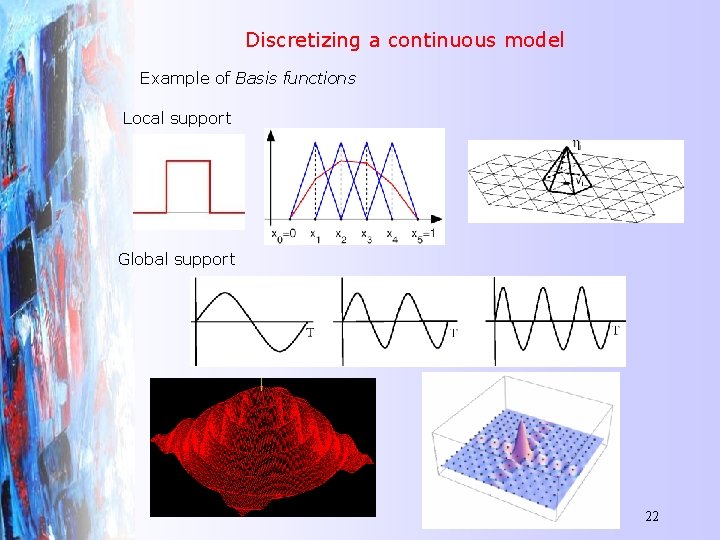 Discretizing a continuous model Example of Basis functions Local support Global support 22 
