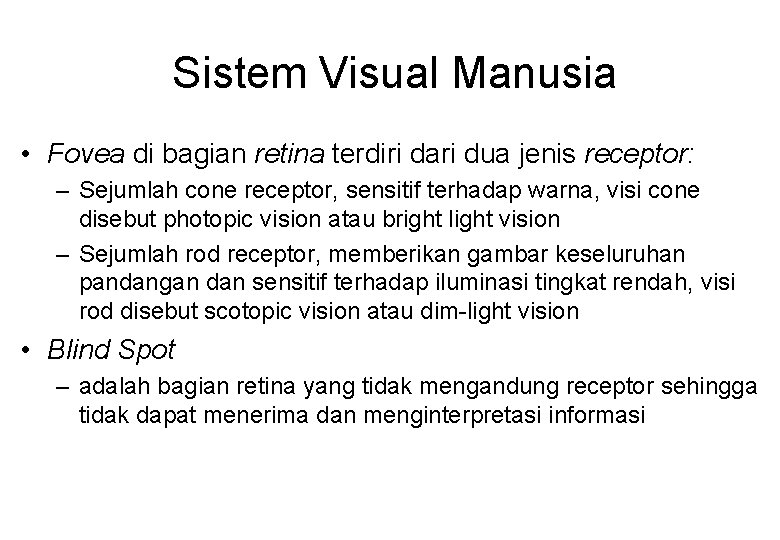 Sistem Visual Manusia • Fovea di bagian retina terdiri dari dua jenis receptor: –