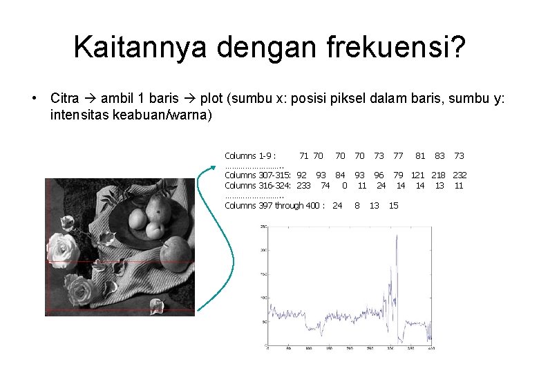 Kaitannya dengan frekuensi? • Citra ambil 1 baris plot (sumbu x: posisi piksel dalam
