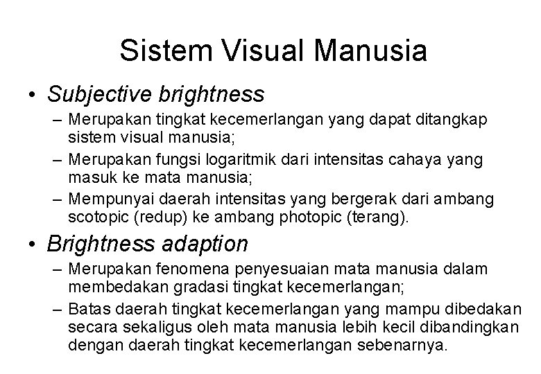 Sistem Visual Manusia • Subjective brightness – Merupakan tingkat kecemerlangan yang dapat ditangkap sistem
