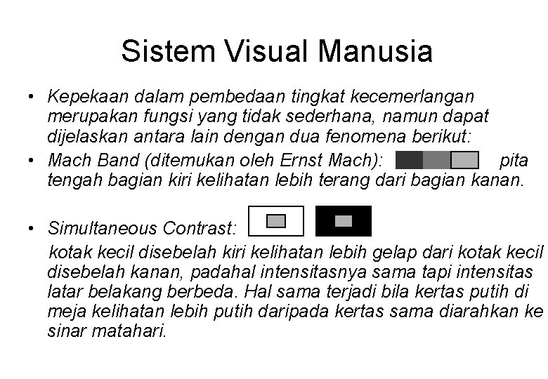 Sistem Visual Manusia • Kepekaan dalam pembedaan tingkat kecemerlangan merupakan fungsi yang tidak sederhana,