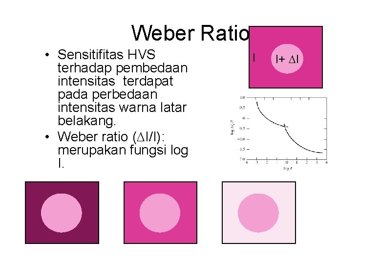 Weber Ratio • Sensitifitas HVS terhadap pembedaan intensitas terdapat pada perbedaan intensitas warna latar