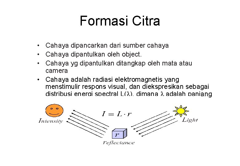 Formasi Citra • Cahaya dipancarkan dari sumber cahaya • Cahaya dipantulkan oleh object. •