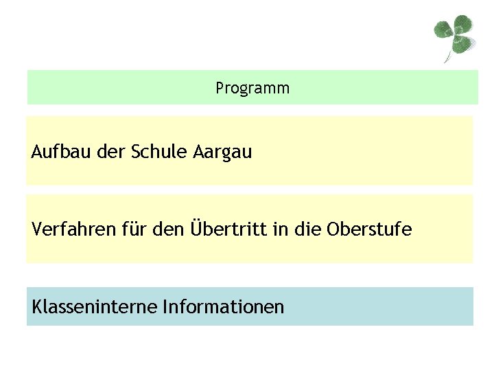 Programm Aufbau der Schule Aargau Verfahren für den Übertritt in die Oberstufe Klasseninterne Informationen