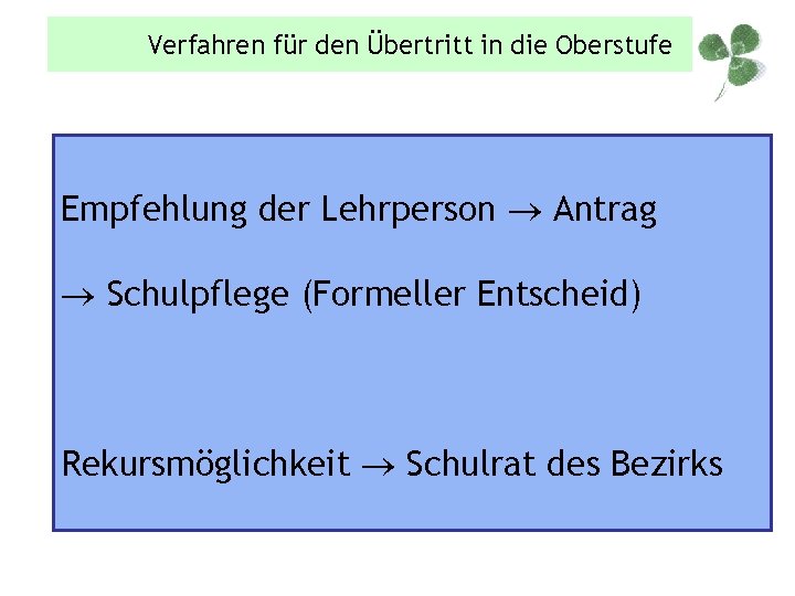 Verfahren für den Übertritt in die Oberstufe Empfehlung der Lehrperson Antrag Schulpflege (Formeller Entscheid)