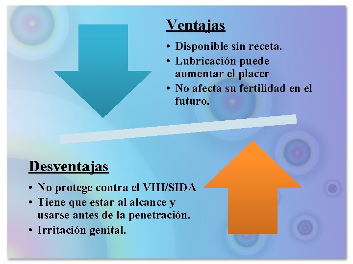 Ventajas • Disponible sin receta. • Lubricación puede aumentar el placer • No afecta