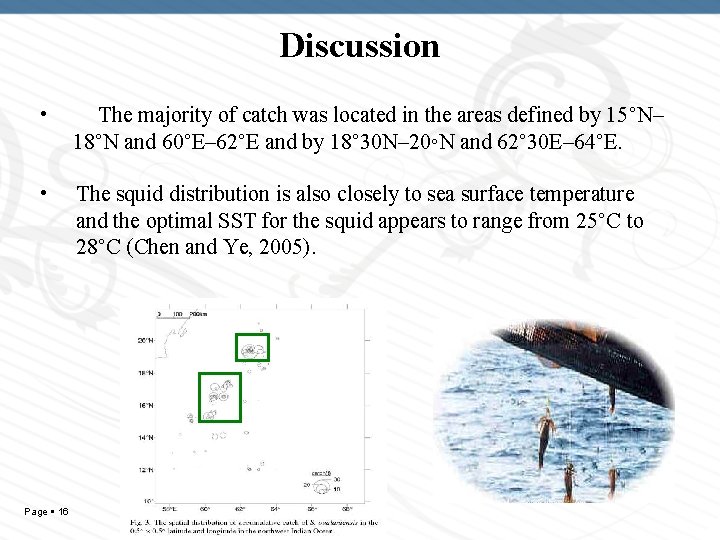 Discussion • The majority of catch was located in the areas defined by 15°N–