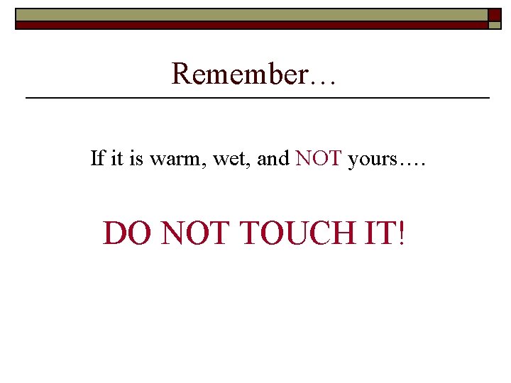 Remember… If it is warm, wet, and NOT yours…. DO NOT TOUCH IT! 