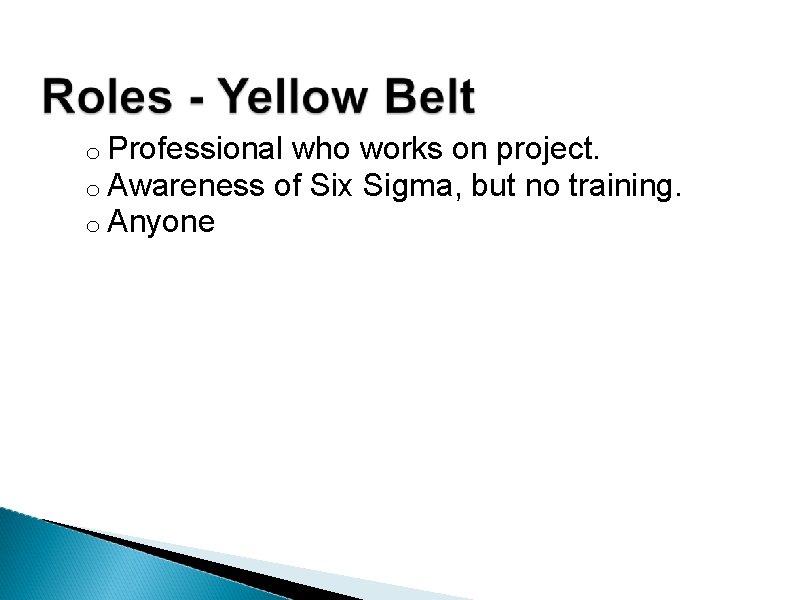 o Professional who works on project. o Awareness of Six Sigma, but no training.