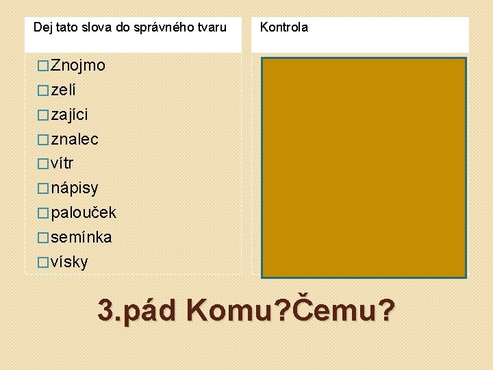 Dej tato slova do správného tvaru Kontrola � Znojmo � Znojmu � zelí �