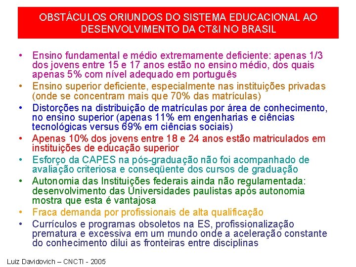 OBSTÁCULOS ORIUNDOS DO SISTEMA EDUCACIONAL AO DESENVOLVIMENTO DA CT&I NO BRASIL • Ensino fundamental