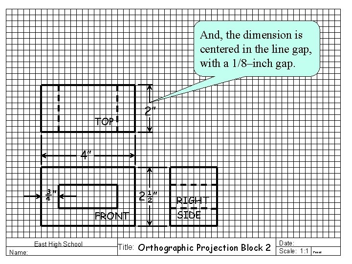 And, the dimension is centered in the line gap, with a 1/8–inch gap. 2”