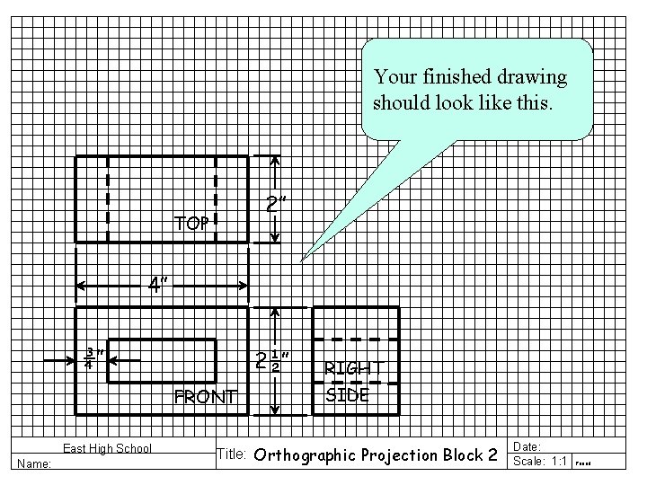 Your finished drawing should look like this. 2” TOP 4” ¾” 2½” FRONT East