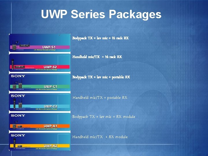 UWP Series Packages Bodypack TX + lav mic + ½ rack RX Handheld mic/TX